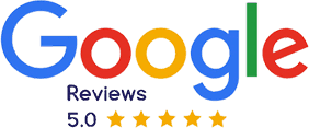 Google reviews, five-star rating logo.