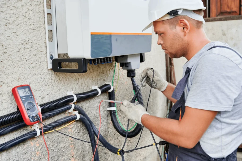 Electrician testing wiring during a home generator installation on an exterior wall.