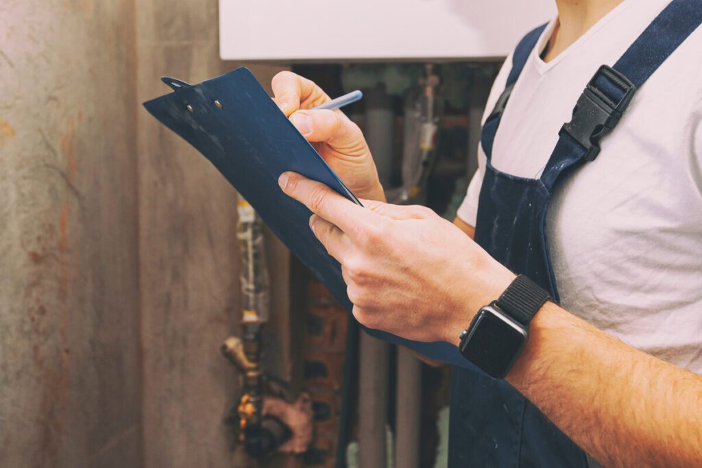A technician fills out a checklist during an electrical safety inspection.
