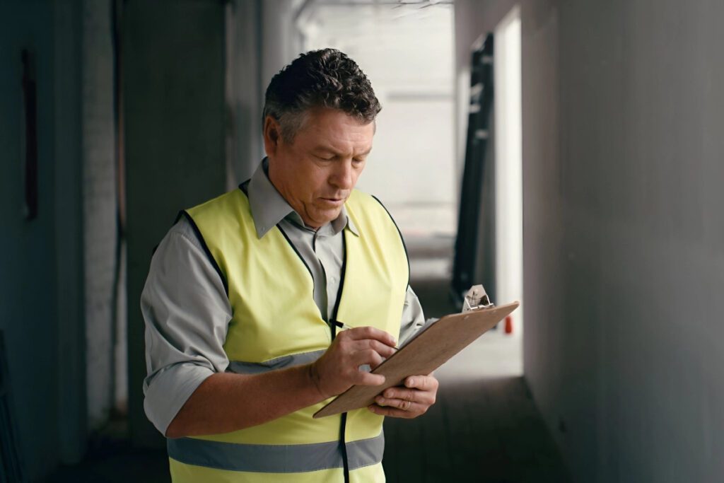 man architect inspection with clipboard maintenance check safety repair construction