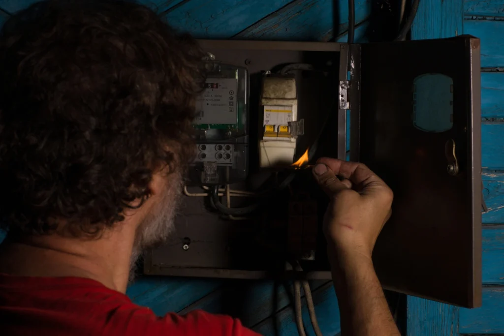 A man checks an electrical panel using a lit match during a generator installation in Dallas.