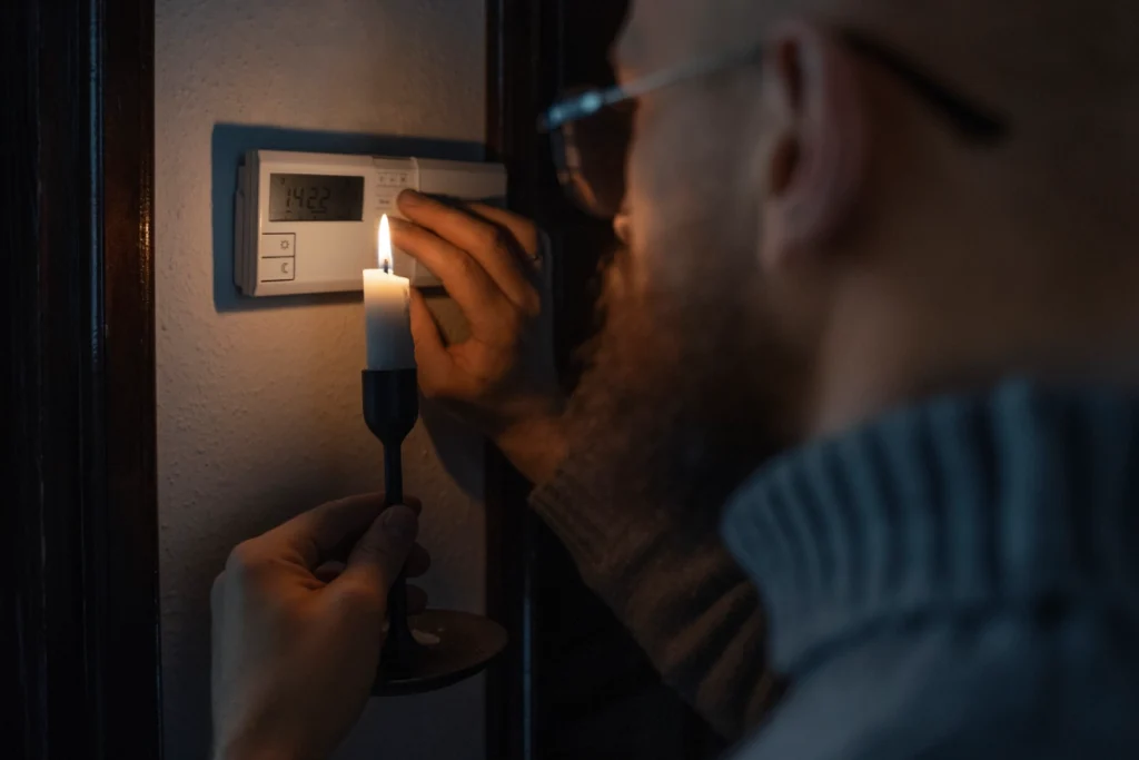 A man uses a candle for light while checking his thermostat during a power outage, highlighting the need for storm damage electrical protection.