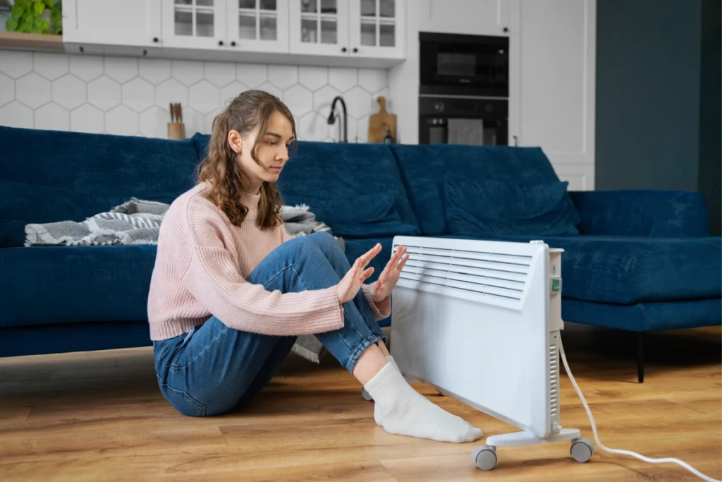 A woman sits close to a portable heater to warm up, highlighting potential winter electrical hazards.