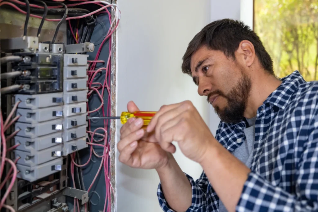 Electrician tightening a circuit breaker inside a panel during an Electrical inspection before spring storms in Garland.