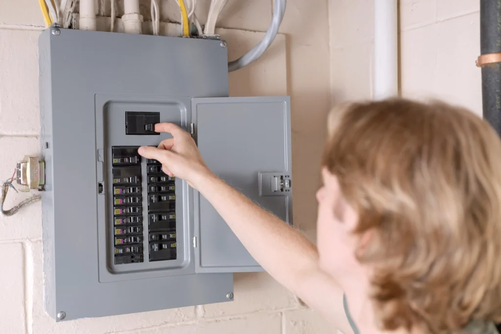 A residential electrician Rockwall switches a circuit breaker inside a home electrical panel mounted on a wall.