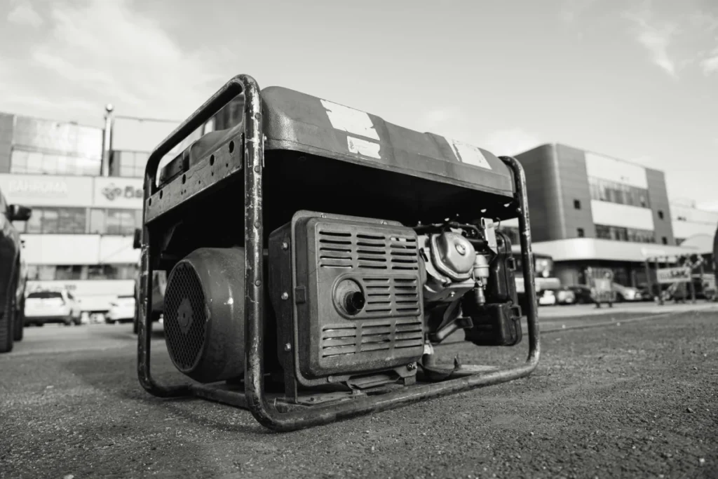 Portable generator with a metal frame and exposed engine components placed on the ground.